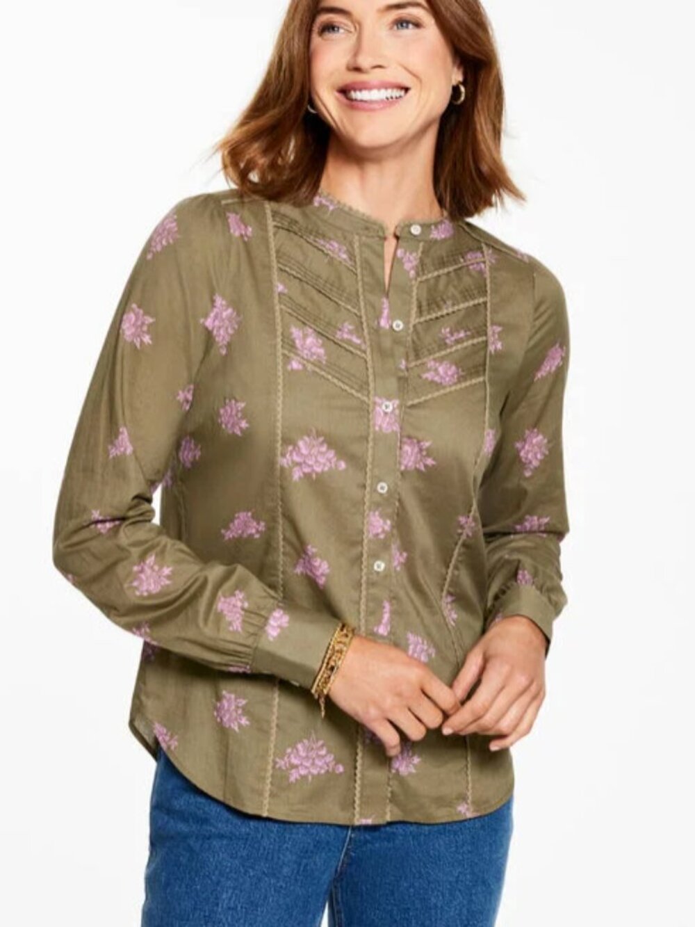 Talbots Lace Trim Shirt in Floral Clusters Cottagecore Olive Granola Girl Sz MP